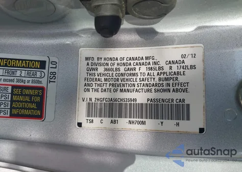2012 Honda Civic Lx from USA, damaged, VIN 2HGFG3A56CH535949